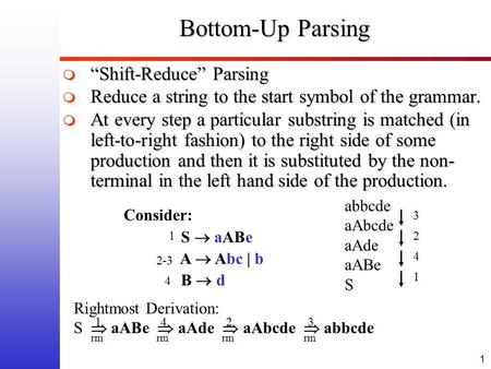 1 Bottom-Up Parsing  “Shift-Reduce” Parsing  Reduce a string to the start symbol of the grammar.  At every step a particular substring is matched (in.