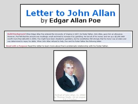 Highlight the words, thoughts, and actions of Edgar Allan Poe in one color. Highlight the words, thoughts, and actions of John Allan in a second color.