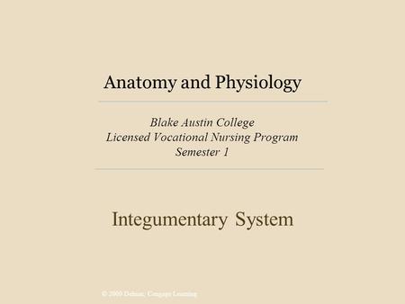 © 2009 Delmar, Cengage Learning Anatomy and Physiology Blake Austin College Licensed Vocational Nursing Program Semester 1 Integumentary System.