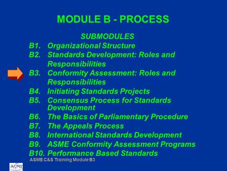 ASME C&S Training Module B3 MODULE B - PROCESS SUBMODULES B1.Organizational Structure B2.Standards Development: Roles and Responsibilities B3.Conformity.