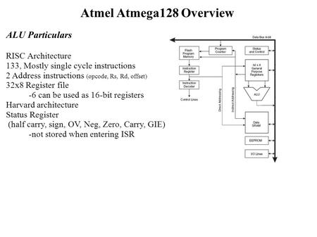Atmel Atmega128 Overview ALU Particulars RISC Architecture 133, Mostly single cycle instructions 2 Address instructions (opcode, Rs, Rd, offset) 32x8 Register.