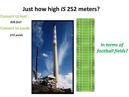 Just how high IS 252 meters? Convert to feet 828 feet Convert to yards 272 yards In terms of football fields?