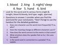 1. blood 2. king 3. night/ sleep 4. fear 5. hand 6. bird Look for the word and its various forms (night & tonight, blood & bloody, bird type: eagle, sparrow)