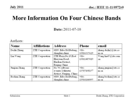 Submission doc.: IEEE 11-11/0972r0 Dezhi Zhang, ZTE CorporationSlide 1 More Information On Four Chinese Bands Date: 2011-07-10 Authors: July 2011.