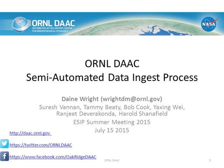 ORNL DAAC Semi-Automated Data Ingest Process Daine Wright Suresh Vannan, Tammy Beaty, Bob Cook, Yaxing Wei, Ranjeet Deverakonda, Harold.