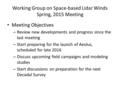 Working Group on Space-based Lidar Winds Spring, 2015 Meeting Meeting Objectives – Review new developments and progress since the last meeting – Start.