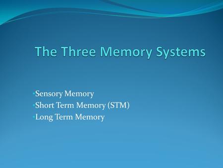 Sensory Memory Short Term Memory (STM) Long Term Memory.
