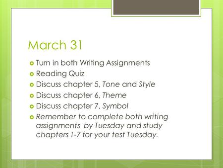 March 31  Turn in both Writing Assignments  Reading Quiz  Discuss chapter 5, Tone and Style  Discuss chapter 6, Theme  Discuss chapter 7, Symbol 