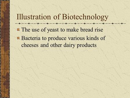 Illustration of Biotechnology The use of yeast to make bread rise Bacteria to produce various kinds of cheeses and other dairy products.