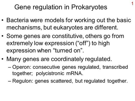 1 Gene regulation in Prokaryotes Bacteria were models for working out the basic mechanisms, but eukaryotes are different. Some genes are constitutive,