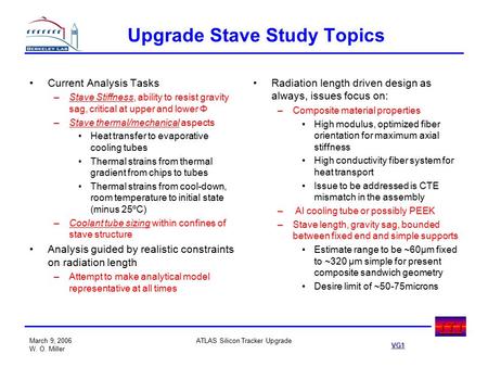 VG1 i T i March 9, 2006 W. O. Miller ATLAS Silicon Tracker Upgrade Upgrade Stave Study Topics Current Analysis Tasks –Stave Stiffness, ability to resist.