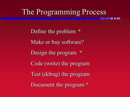 The Programming Process Define the problem* Make or buy software? Design the program * Code (write) the program Test (debug) the program Document the.
