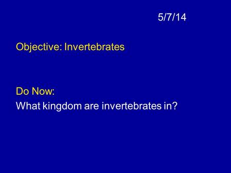 5/7/14 Objective: Invertebrates Do Now: What kingdom are invertebrates in?
