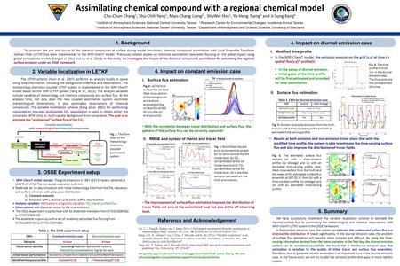 Assimilating chemical compound with a regional chemical model Chu-Chun Chang 1, Shu-Chih Yang 1, Mao-Chang Liang 2, ShuWei Hsu 1, Yu-Heng Tseng 3 and Ji-Sung.