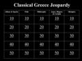 Classical Greece Jeopardy Athens & SpartaPolisPhilosophyArgos, Megara & Corinth Olympics 10 20 30 40 50.