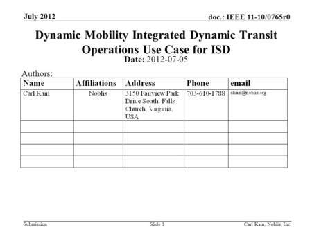 Submission doc.: IEEE 11-10/0765r0 July 2012 Carl Kain, Noblis, Inc.Slide 1 Dynamic Mobility Integrated Dynamic Transit Operations Use Case for ISD Date: