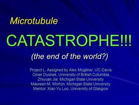 (the end of the world?) Project L, Assigned by Alex Mogilner, UC-Davis Omer Dushek, University of British Columbia Zhiyuan Jia, Michigan State University.