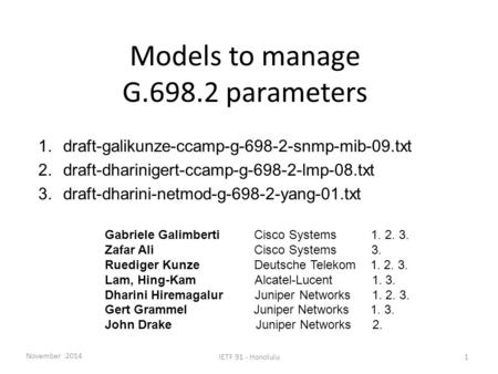 Models to manage G.698.2 parameters 1.draft-galikunze-ccamp-g-698-2-snmp-mib-09.txt 2.draft-dharinigert-ccamp-g-698-2-lmp-08.txt 3.draft-dharini-netmod-g-698-2-yang-01.txt.