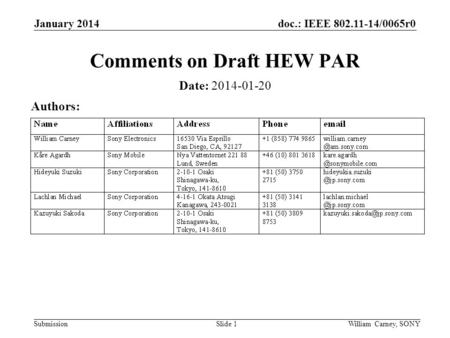 Doc.: IEEE 802.11-14/0065r0 Submission January 2014 William Carney, SONYSlide 1 Comments on Draft HEW PAR Date: 2014-01-20 Authors: