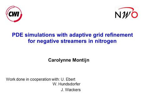 PDE simulations with adaptive grid refinement for negative streamers in nitrogen Carolynne Montijn Work done in cooperation with: U. Ebert W. Hundsdorfer.