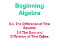 Beginning Algebra 5.4 The Difference of Two Squares 5.5 The Sum and Difference of Two Cubes.