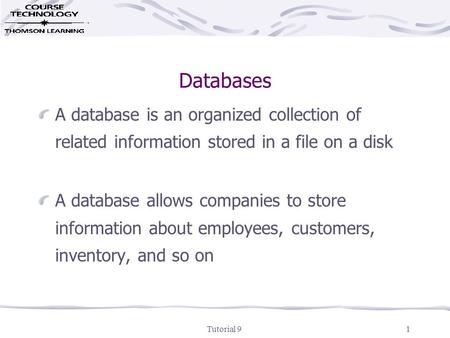 Tutorial 91 Databases A database is an organized collection of related information stored in a file on a disk A database allows companies to store information.