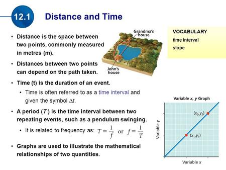 Distance is the space between two points, commonly measured in metres (m). Distances between two points can depend on the path taken. Time (t) is the duration.