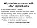 Easy use with Table of Contents. Pre test lets students know what they need to learn. Multiple learning styles- Videos, graphics, games, etc. Instruction.