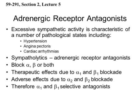 Adrenergic Receptor Antagonists Excessive sympathetic activity is characteristic of a number of pathological states including: Hypertension Angina pectoris.
