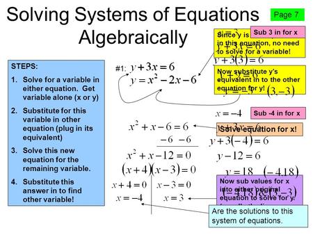Solving Systems of Equations Algebraically STEPS: 1.Solve for a variable in either equation. Get variable alone (x or y) 2.Substitute for this variable.