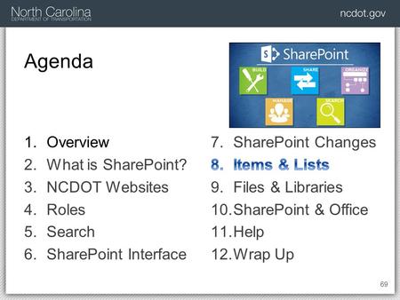 Agenda 69 1.Overview 2.What is SharePoint? 3.NCDOT Websites 4.Roles 5.Search 6.SharePoint Interface.