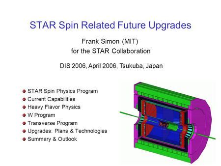 STAR Spin Related Future Upgrades STAR Spin Physics Program Current Capabilities Heavy Flavor Physics W Program Transverse Program Upgrades: Plans & Technologies.