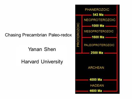 Chasing Precambrian Paleo-redox Yanan Shen Harvard University PHANEROZOIC NEOPROTEROZOIC MESOPROTEROZOIC PALEOPROTEROZOIC PROTEROZOIC ARCHEAN HADEAN.