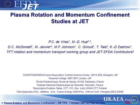 1 Plasma Rotation and Momentum Confinement – DB ITPA - 1 October 2007 by Peter de Vries Plasma Rotation and Momentum Confinement Studies at JET P.C. de.