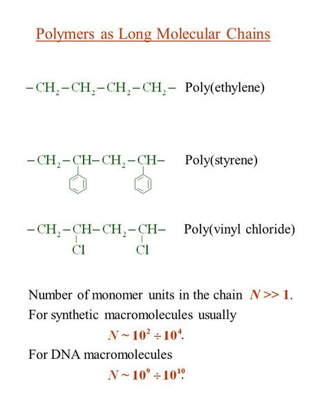 Number of monomer units in the chain N >> 1. For synthetic macromolecules usually ~. For DNA macromolecules ~. Polymers as Long Molecular Chains Poly(ethylene)