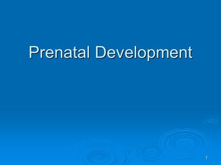 1 Prenatal Development. 2 Notes:  Prenatal refers to the period of time before birth. It is during this 40 week period (about nine months) that one cell.