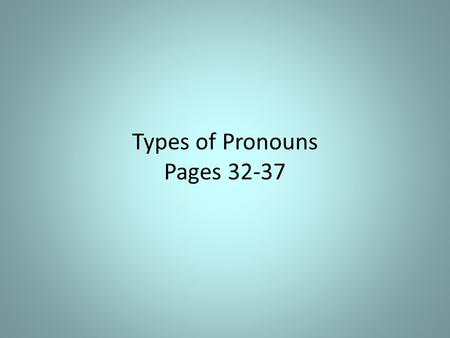 Types of Pronouns Pages 32-37. Personal Pronouns Refers to the one speaking, the one spoken to, or the one spoken about I, me, my, mine, we, us, our,