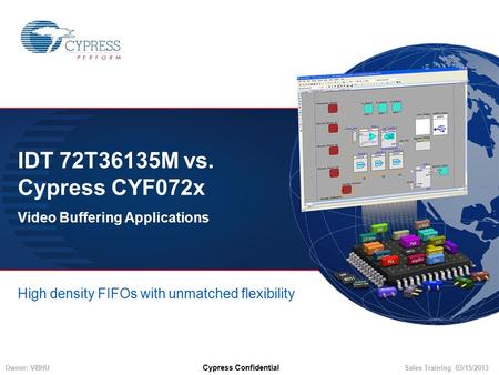 Owner: VBHUSales Training 03/15/2013 Cypress Confidential IDT 72T36135M vs. Cypress CYF072x Video Buffering Applications High density FIFOs with unmatched.