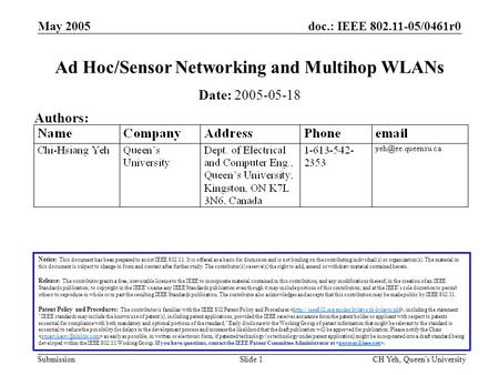 Doc.: IEEE 802.11-05/0461r0 Submission May 2005 CH Yeh, Queen's UniversitySlide 1 Ad Hoc/Sensor Networking and Multihop WLANs Notice: This document has.