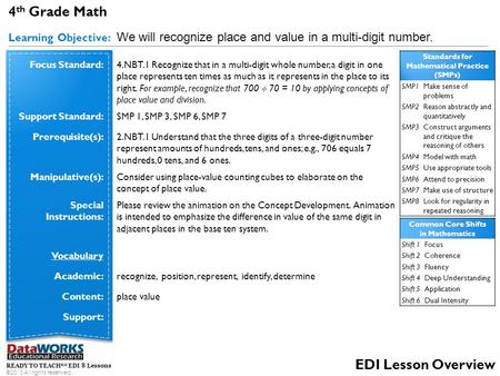 4 th Grade Math Learning Objective: We will recognize place and value in a multi-digit number. READY TO TEACH SM EDI ® Lessons ©2013 All rights reserved.