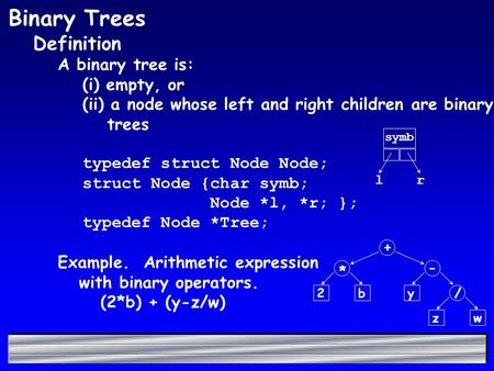 Binary Trees Definition A binary tree is: (i) empty, or (ii) a node whose left and right children are binary trees typedef struct Node Node; struct Node.