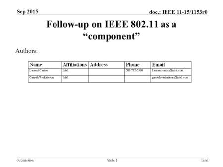 Submission doc.: IEEE 11-15/1153r0 Follow-up on IEEE 802.11 as a “component” Slide 1Intel Authors: Sep 2015.