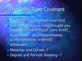 The Sinai-Type Covenant n Preamble--I am Yahweh your God n Historical Prologue--who brought you out of the land of Egypt (very brief) n Stipulations--10.
