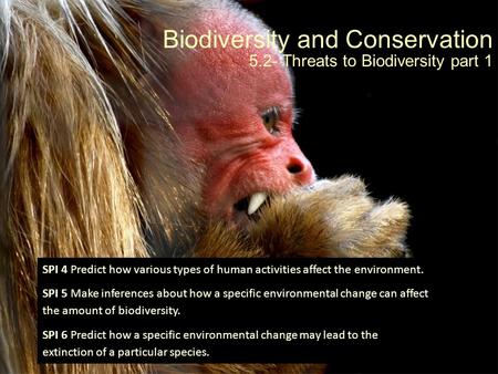 Biodiversity and Conservation 5.2- Threats to Biodiversity part 1 SPI 4 Predict how various types of human activities affect the environment. SPI 5 Make.
