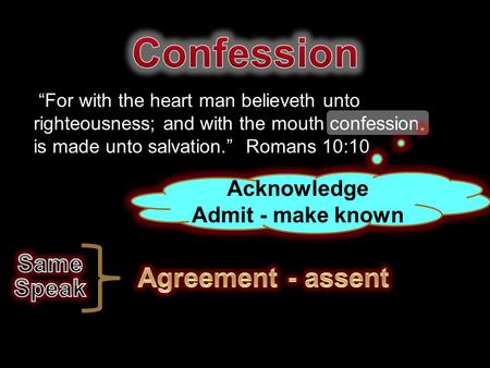 “For with the heart man believeth unto righteousness; and with the mouth confession is made unto salvation.” Romans 10:10 Acknowledge Admit - make known.