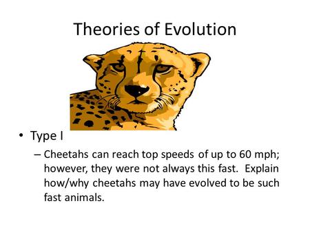 Theories of Evolution Type I – Cheetahs can reach top speeds of up to 60 mph; however, they were not always this fast. Explain how/why cheetahs may have.