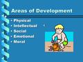 Areas of Development PhysicalPhysical IntellectualIntellectual SocialSocial EmotionalEmotional MoralMoral.