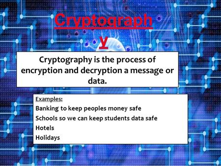 Cryptography is the process of encryption and decryption a message or data. Examples: Banking to keep peoples money safe Schools so we can keep students.