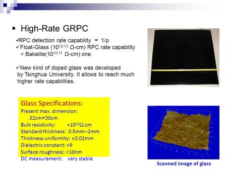 RPC detection rate capability ≈ 1/ρ Float-Glass (10 12-13 Ω-cm) RPC rate capability < Bakelite(10 10-11 Ω-cm) one. New kind of doped glass was developed.