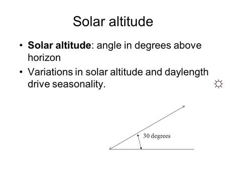 Solar altitude Solar altitude: angle in degrees above horizon Variations in solar altitude and daylength drive seasonality. ☼ 30 degrees.